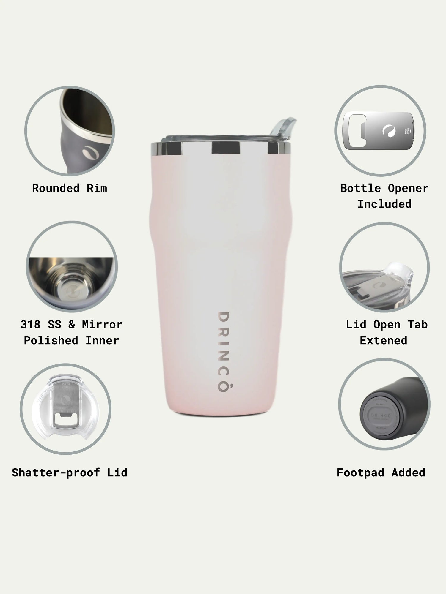 DRINCO 20oz Insulated Tumbler Beer Mug-Bottle Opener THOR-(Pale Pink) Orchid Lavender