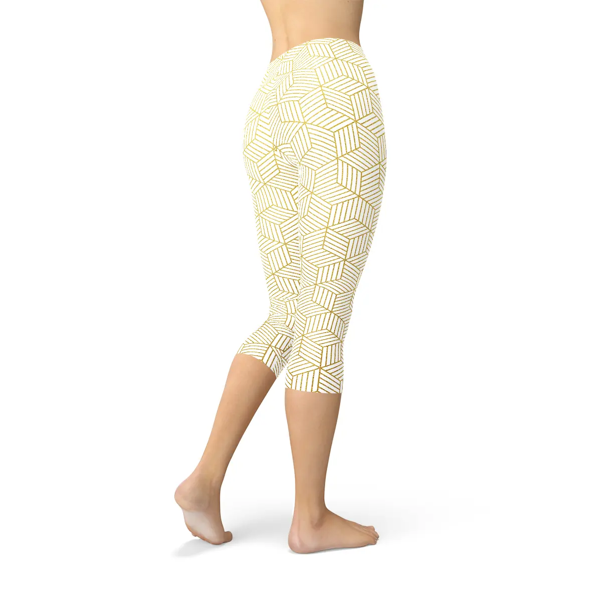 Womens White Capri Leggings w/ Geometric Cubes Maroon Sooty
