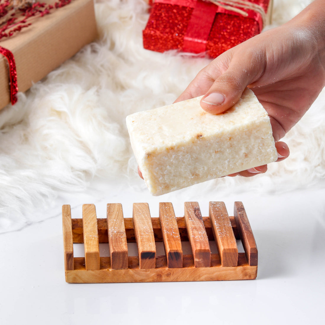Rectangular Soap Dish Handmade from Olive Wood Turquoise Lucy