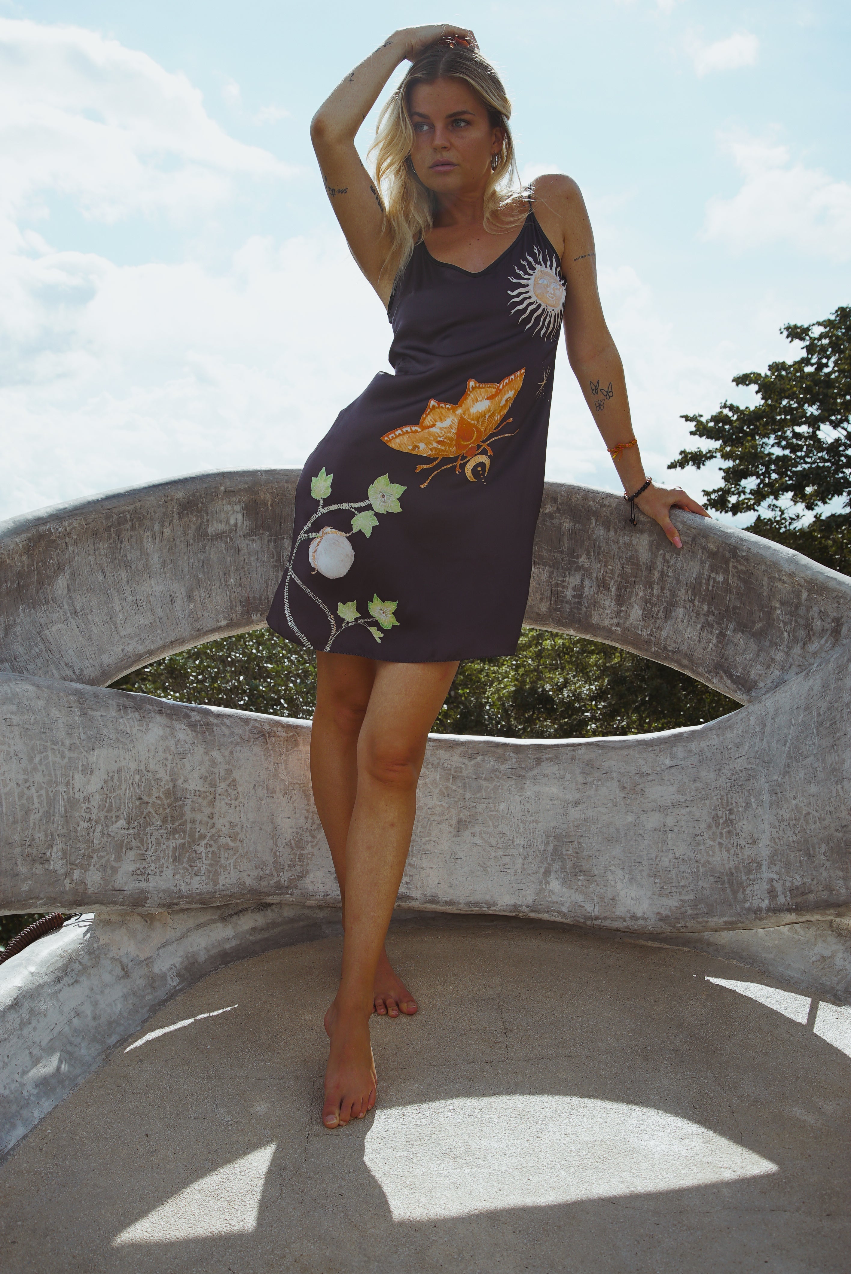 Vela Silk Slip Dress in Black Jungle Butterfly Violet Apollo