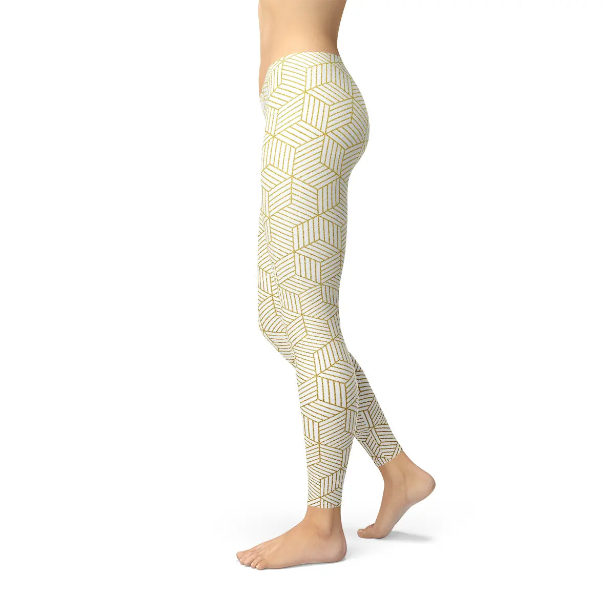 Womens White Leggings w/ Geometric Cubes Maroon Sooty