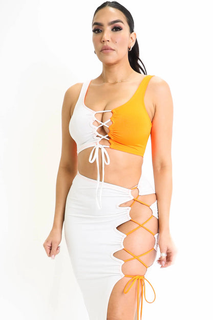 ColorBlock Side Lace up Top &amp; Matching Maxi Skirt 2 Piece Outfit Set Puce Juniper