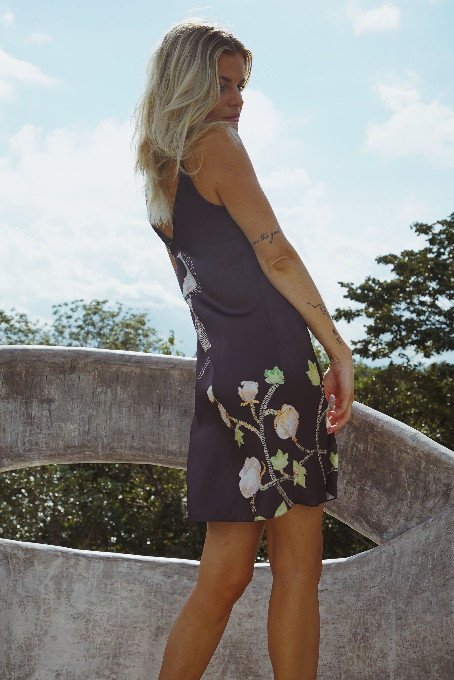 Vela Silk Slip Dress in Black Jungle Butterfly Violet Apollo