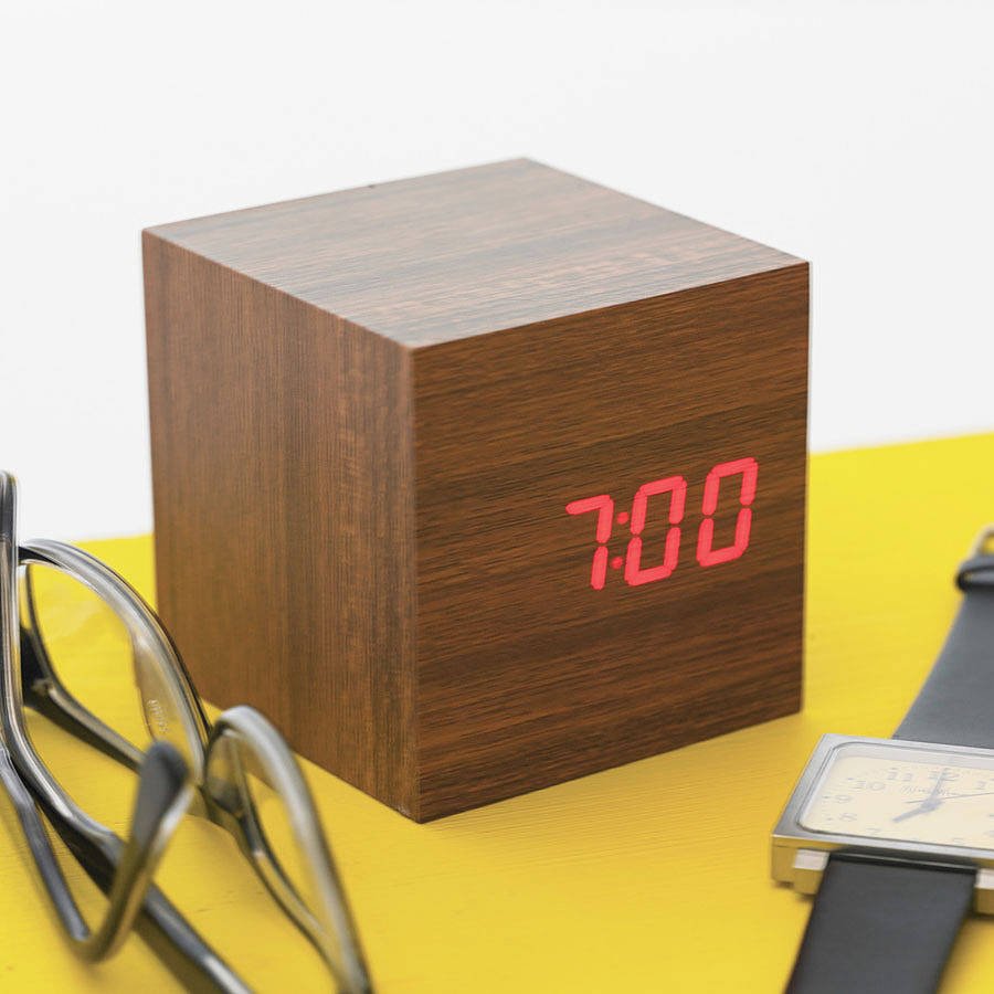LED Teak Cube Alarm Clock Fuchsia Molly