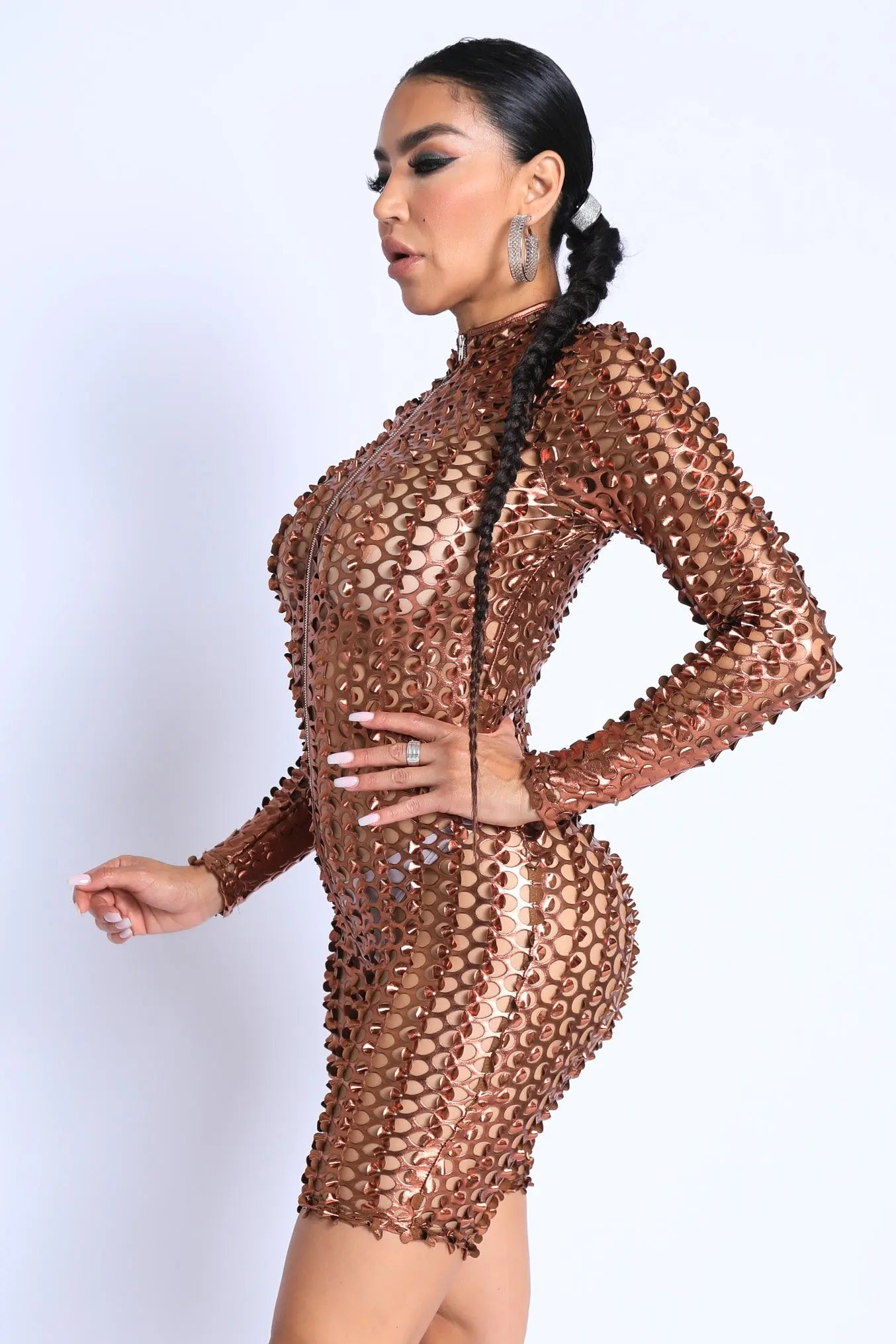 Sexy Club Outfit Romper Long Sleeve Cutting Mesh Bodysuit BRONZE Puce Juniper
