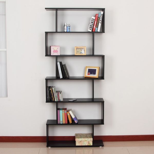 HOMCOM Wooden S Shape Bookcase 6 Shelves Storage Display Home Office Taupe Shadow