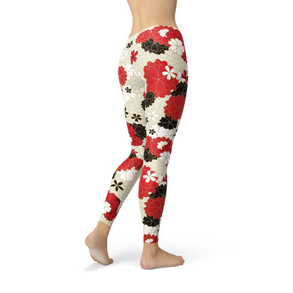 Womens Japanese Cherry Blossom Leggings Maroon Sooty