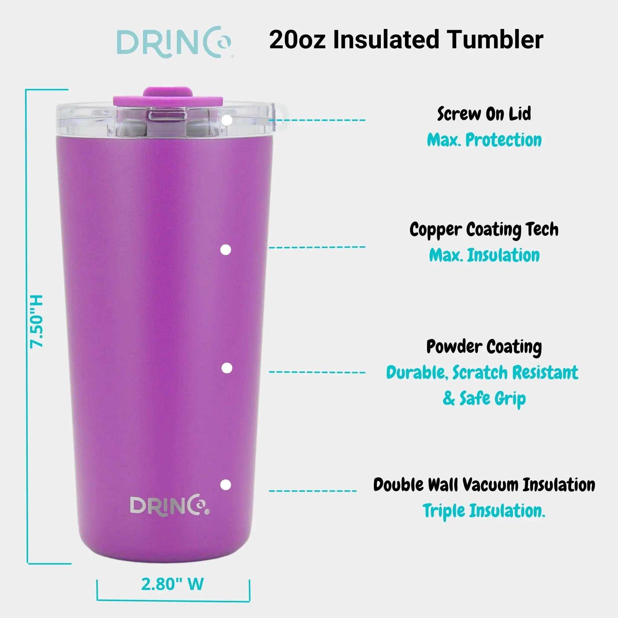 DRINCO®  20oz Insulated Tumbler w/Spill Proof Lid, 2 Straws(Purple) Orchid Lavender