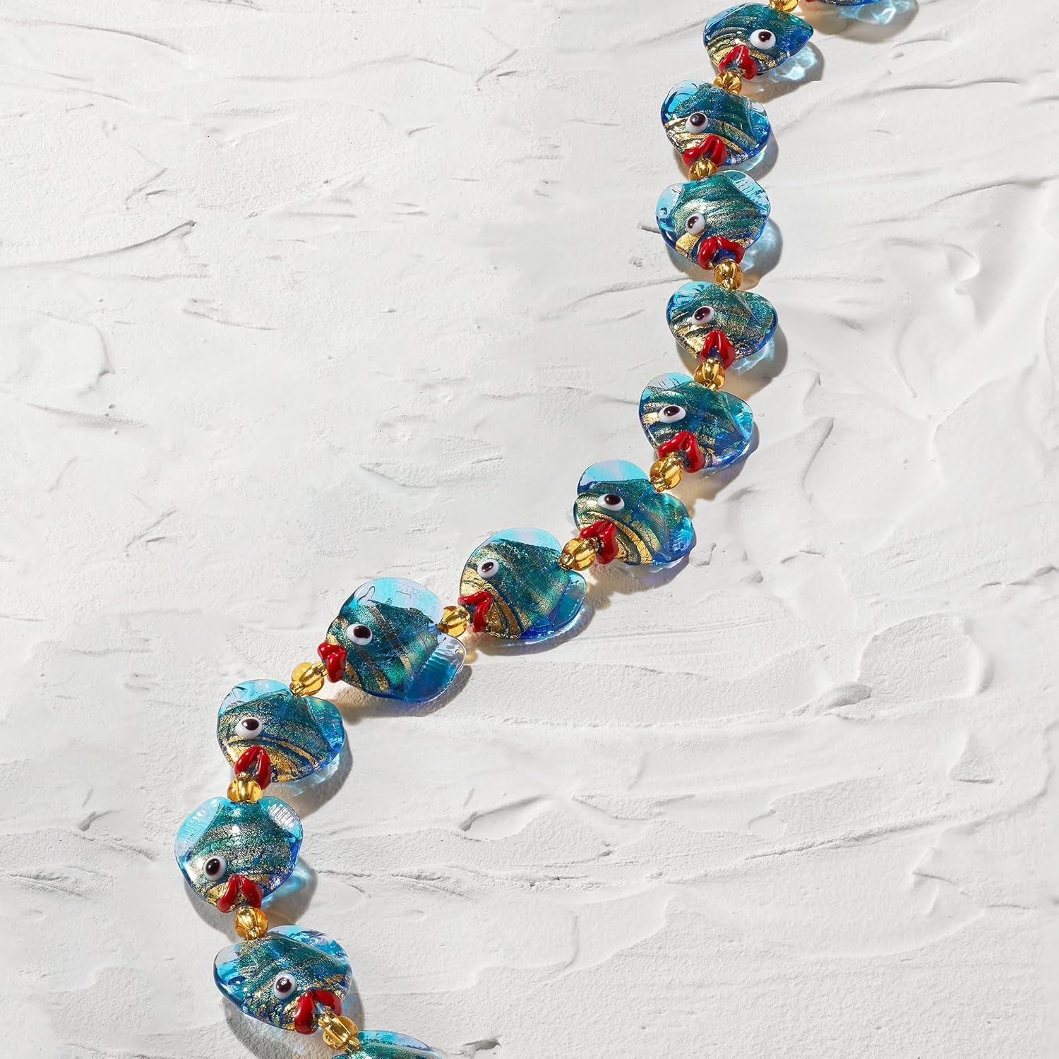 Italian Multicolored Murano Glass Fish Necklace with 18Kt Gold over Sterling. 18 Inches