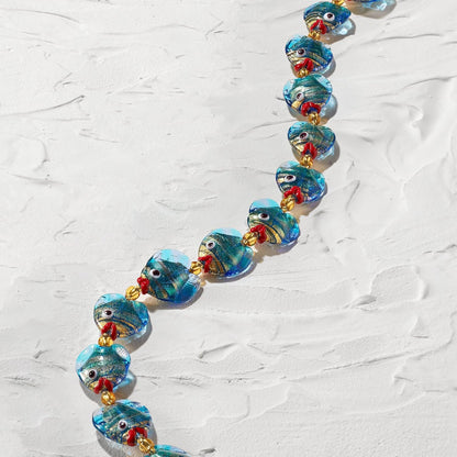 Italian Multicolored Murano Glass Fish Necklace with 18Kt Gold over Sterling. 18 Inches