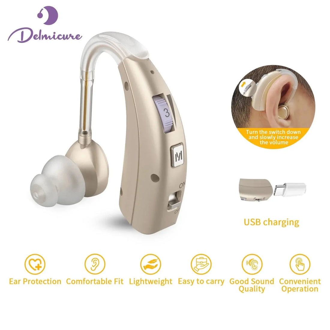 Hearing Aid VHP-1303 for Seniors with 4 Modes &amp; 8 Volume Control, Rechargeable Digital Sound Device with Noise Cancelling, Ideal for Adults with Hearing Loss - Gold