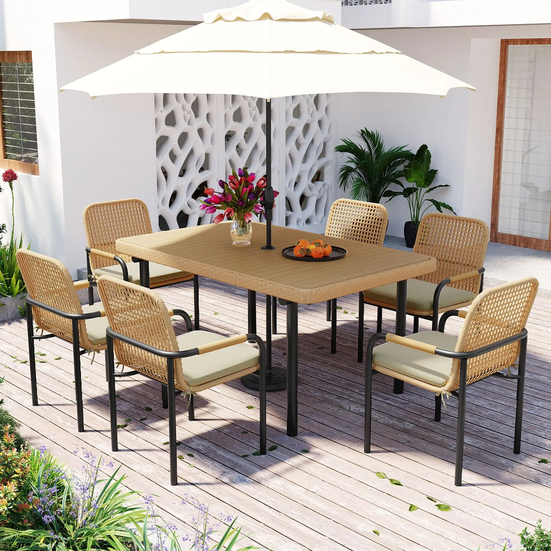 7 Pieces Patio Dining Set, Outdoor Wicker Furniture Set, Plastic-wood Sangria Beech