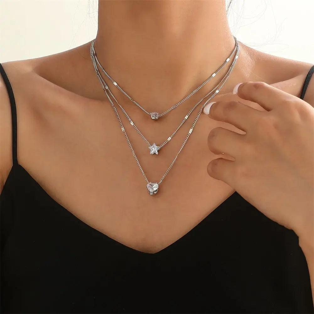 Zircon Necklace Multi-layer Five-pointed Star Love Water Drop Pendant Carmine Medusa