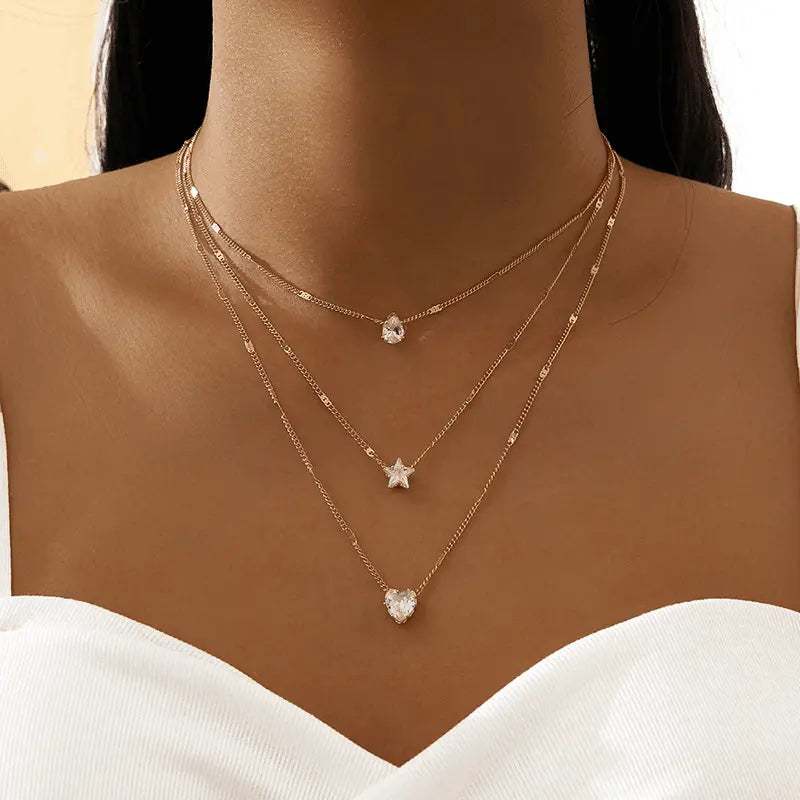 Zircon Necklace Multi-layer Five-pointed Star Love Water Drop Pendant Carmine Medusa