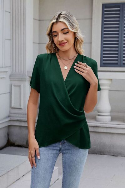 Out of State - Solid Color Surplice Short Sleeve Blouse Jade Icarus
