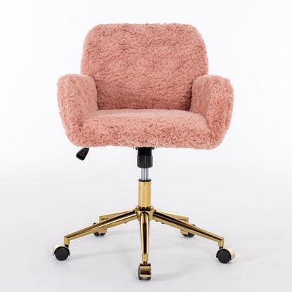 LuneluX_Home – Faux Fur Office Chair with Golden Base (Pink) Carmine Juneberry