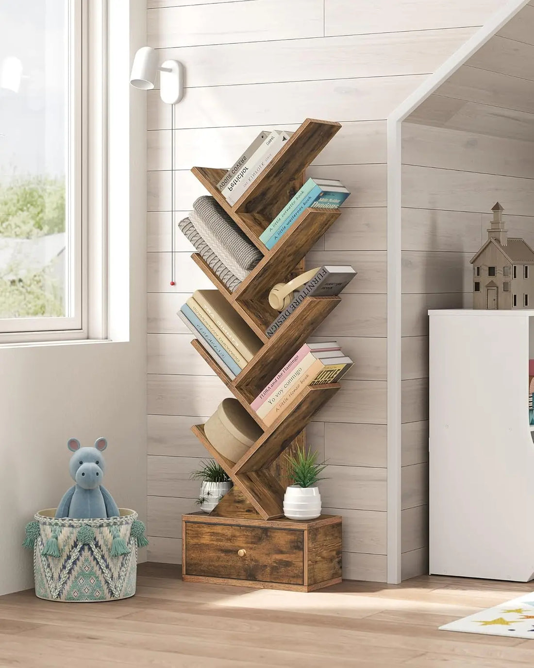 9 Tier Tree Book Shelf with Drawer, Floor Standing Bookshelf Storage Peach Maple