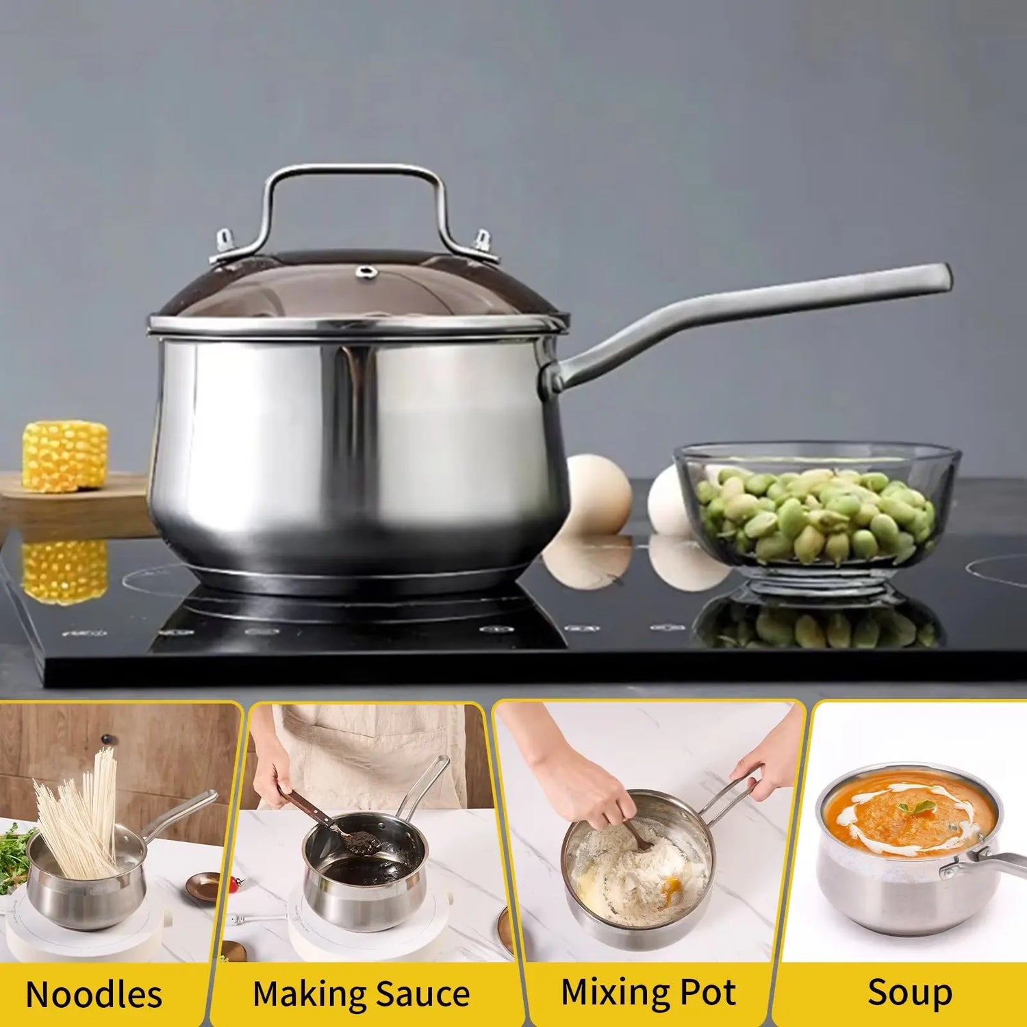 WANGYUANJI Non-Stick Stainless Steel Saucepan With Lid, 2.85QT Small Soup Pot For All Stoves, Oven Save, Dishwasher Safe Pink Lucy