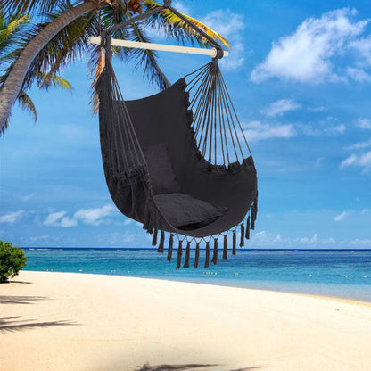 LuneluX – Boho Hanging Chair with Fringe &amp; Cushions (Gray) Carmine Juneberry