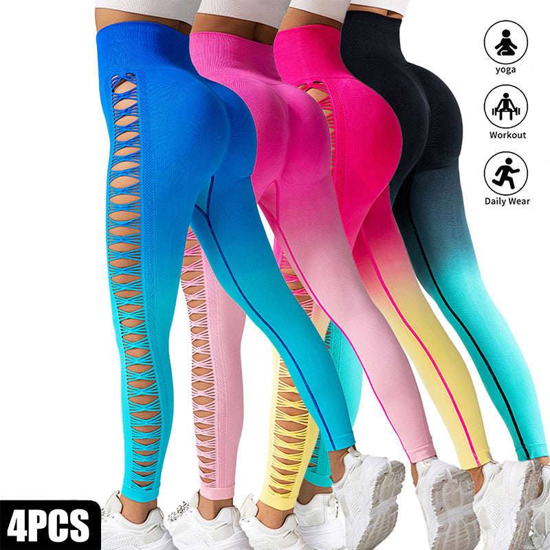 4 Pack Cut Out Ombre Gradient Color Hollow High-waist Butt-lifting Fitness Women&
