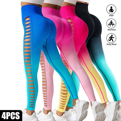 4 Pack Cut Out Ombre Gradient Color Hollow High-waist Butt-lifting Fitness Women&