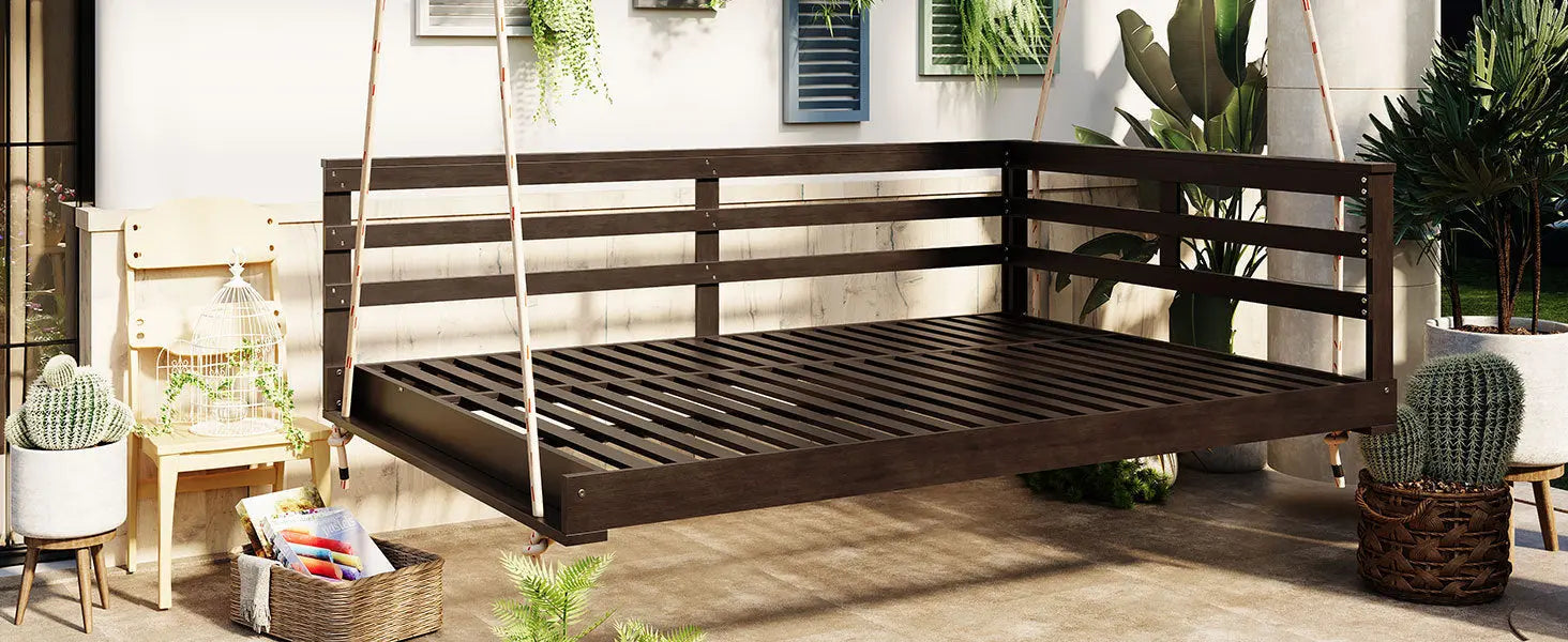 Acacia Wood Porch Swing Bed for Outdoor with Hemp Ropes - Full Size Sangria Beech