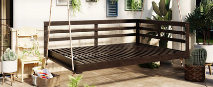 Acacia Wood Porch Swing Bed for Outdoor with Hemp Ropes - Full Size Sangria Beech