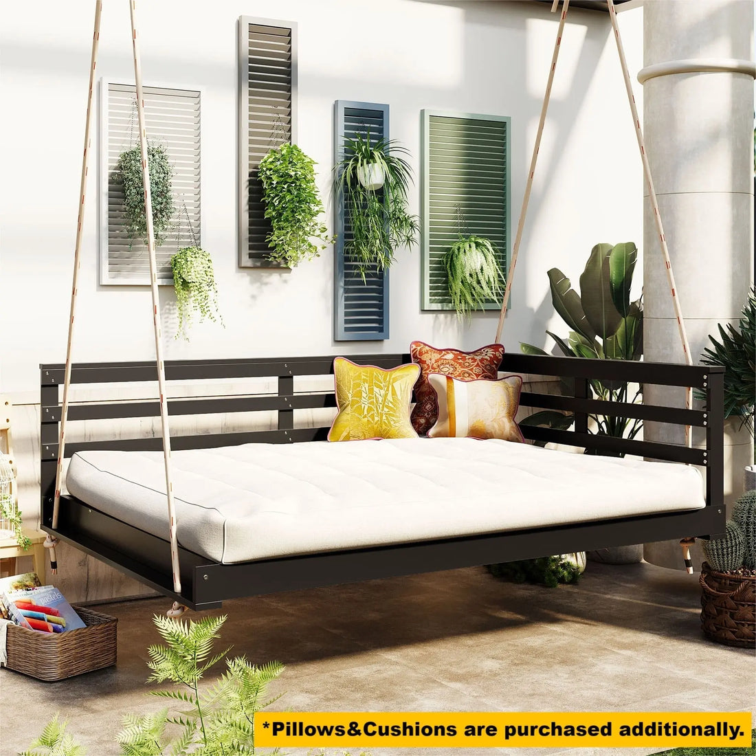 Acacia Wood Porch Swing Bed for Outdoor with Hemp Ropes - Full Size Sangria Beech