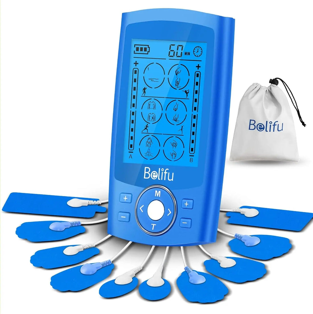 Dual Channel TENS EMS Unit 24 Modes Muscle Stimulator for Pain Relief Therapy, Electronic Pulse Massager Muscle Massager with 10 Pads, Dust-Proof Drawstring Storage Bag, Fastening Cable Ties