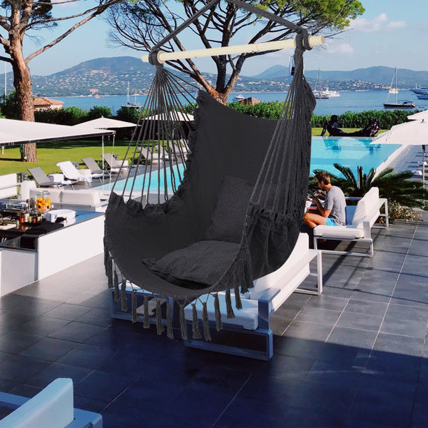 LuneluX – Boho Hanging Chair with Fringe &amp; Cushions (Gray) Carmine Juneberry