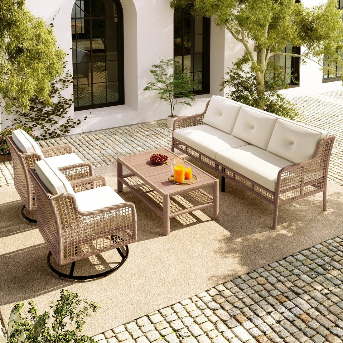 4 Pieces Patio Furniture Set with Swivel Chairs, Outdoor Wicker Sofas Sangria Beech