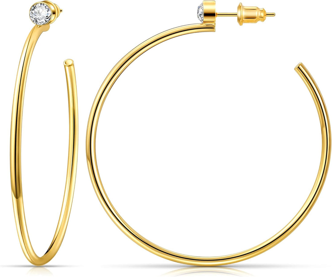 Gold Hoop Earrings for Women 14K Real Gold Plated, 925 Sterling Silver Post CZ Earrings for Women