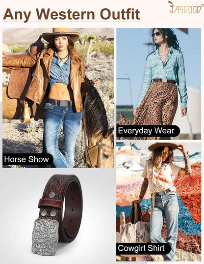 Men Women Western Belts Floral Embossed Leather Country Belt Cowgirls Cowboy