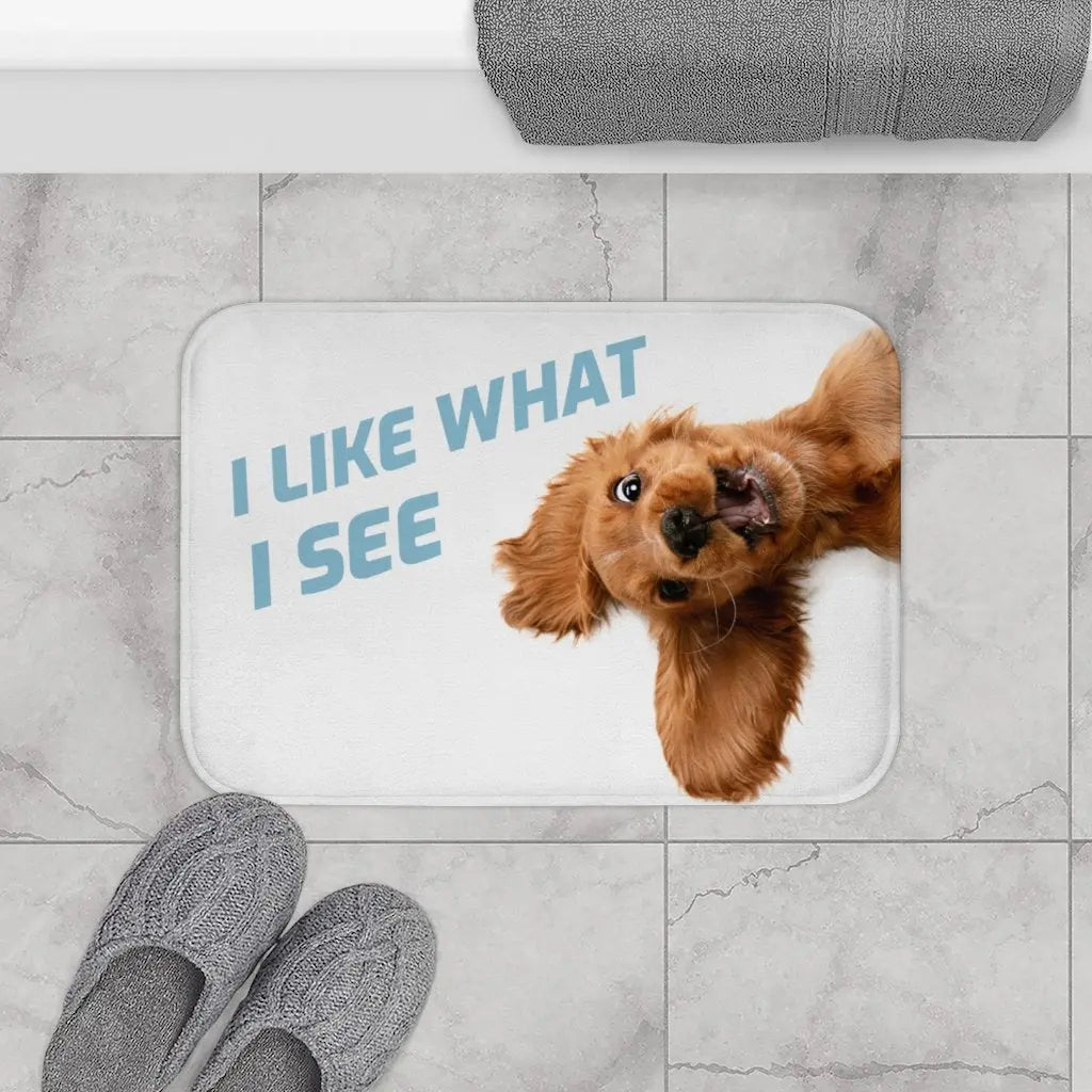 Funny Dog Looking Up Bath Mat Yellow Pandora
