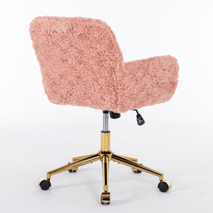 LuneluX_Home – Faux Fur Office Chair with Golden Base (Pink) Carmine Juneberry