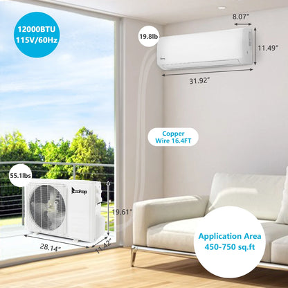 19 Seer 12000BTU Wifi Enabled Mini Split Air Conditioner Ductless Inverter System, 115V 60Hz Energy Efficient Unit with Heat Pump