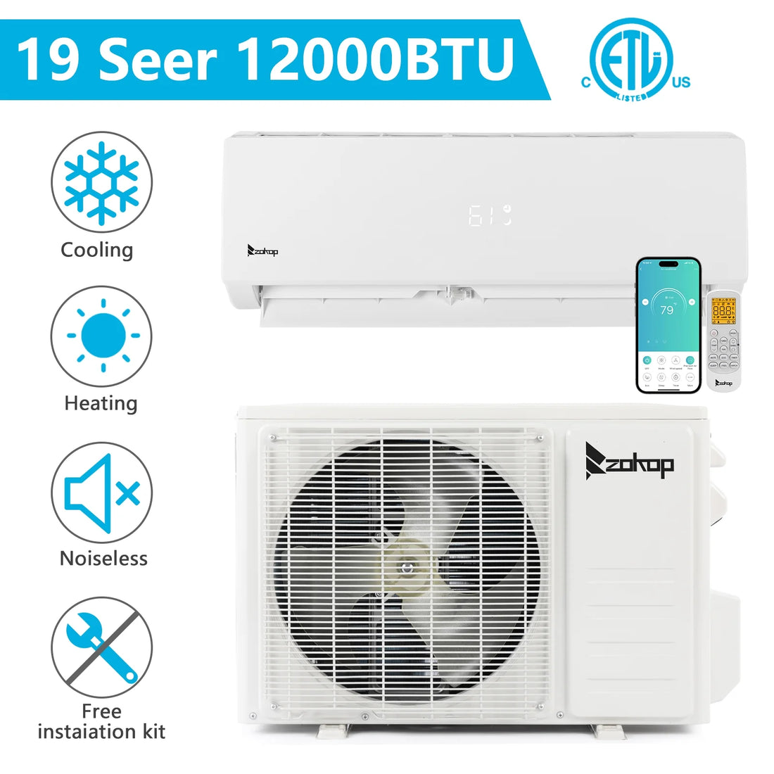 19 Seer 12000BTU Wifi Enabled Mini Split Air Conditioner Ductless Inverter System, 115V 60Hz Energy Efficient Unit with Heat Pump