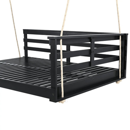 Acacia Wood Porch Swing Bed for Outdoor with Hemp Ropes - Full Size Sangria Beech