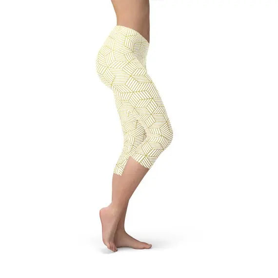 Womens White Capri Leggings w/ Geometric Cubes Maroon Sooty