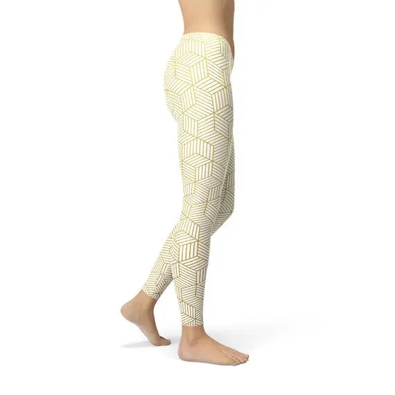 Womens White Leggings w/ Geometric Cubes Maroon Sooty