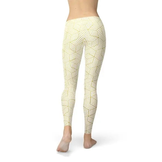 Womens White Leggings w/ Geometric Cubes Maroon Sooty