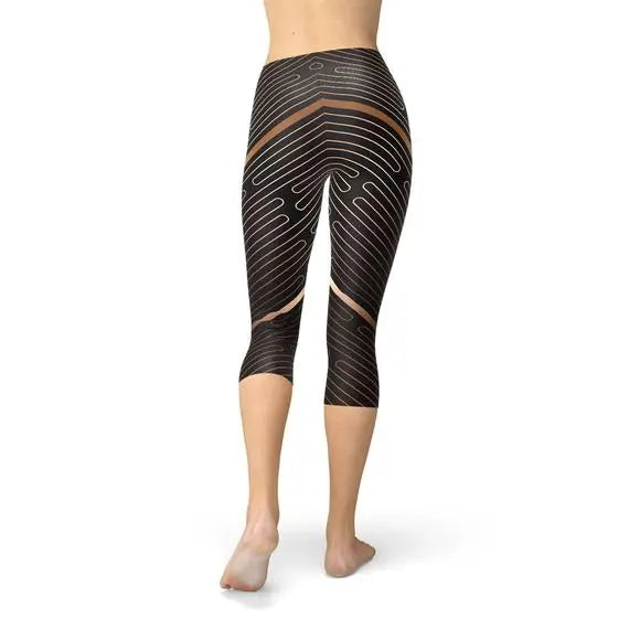 Womens Striped Lines Sports Brown Capri Leggings Maroon Sooty