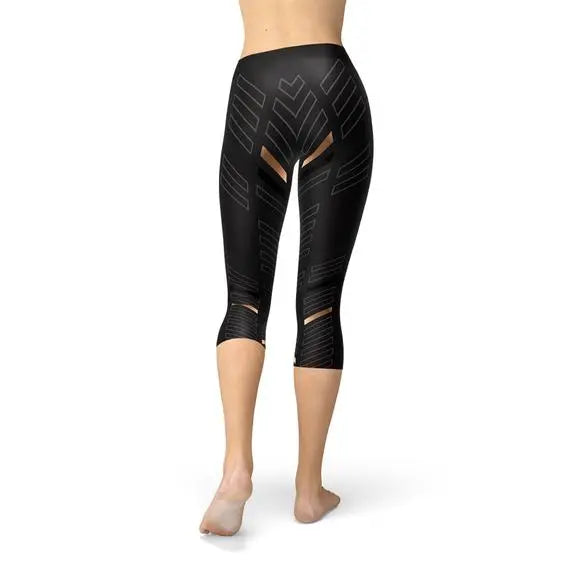 Womens Sports Stripes Black Capri Leggings Maroon Sooty