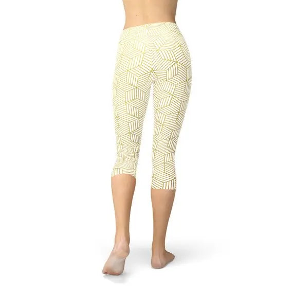 Womens White Capri Leggings w/ Geometric Cubes Maroon Sooty