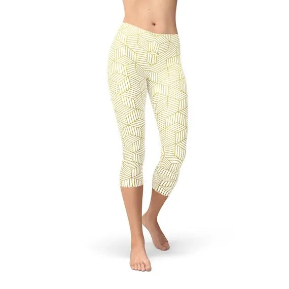 Womens White Capri Leggings w/ Geometric Cubes Maroon Sooty
