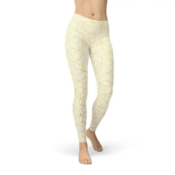 Womens White Leggings w/ Geometric Cubes Maroon Sooty