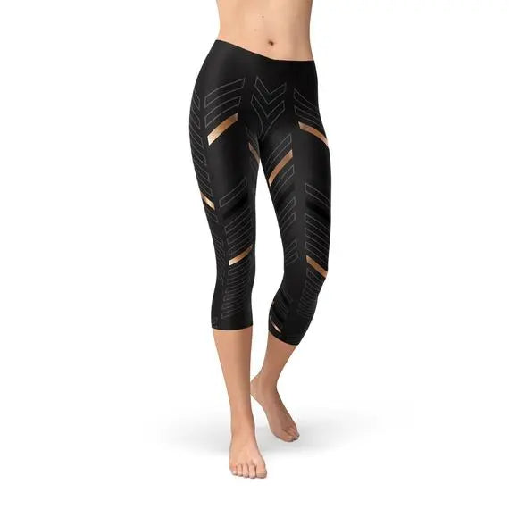 Womens Sports Stripes Black Capri Leggings Maroon Sooty
