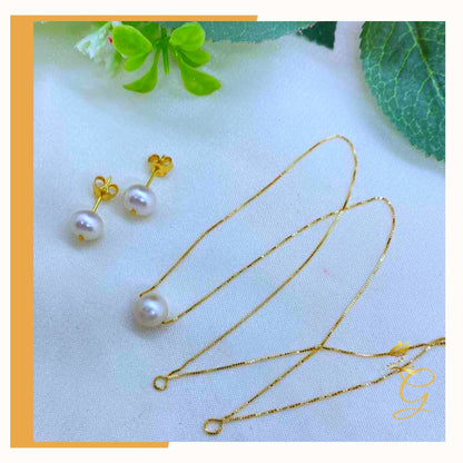 18K Real Gold Set of white Pearl Earrings and Necklace 18” Yellow Angel