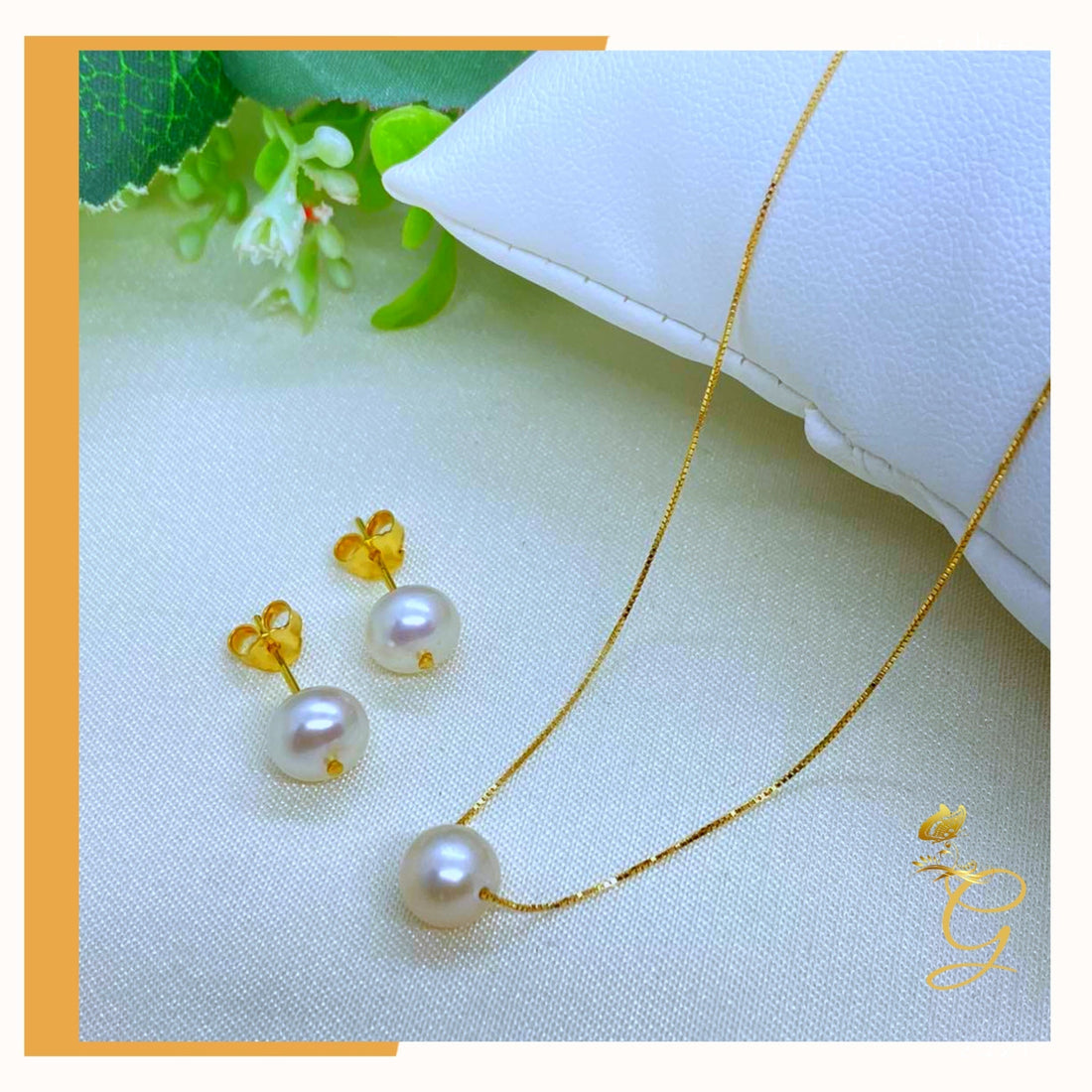 18K Real Gold Set of white Pearl Earrings and Necklace 18” Yellow Angel