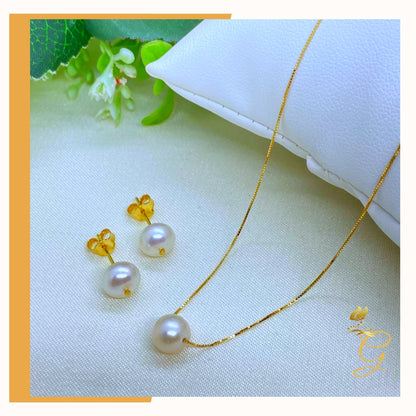 18K Real Gold Set of white Pearl Earrings and Necklace 18” Yellow Angel